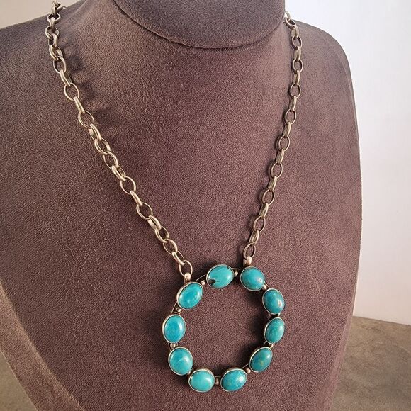 Sterling Dorothy Secatero Navajo Kingman Blue Turquoise Circle Necklace - Picture 7 of 13